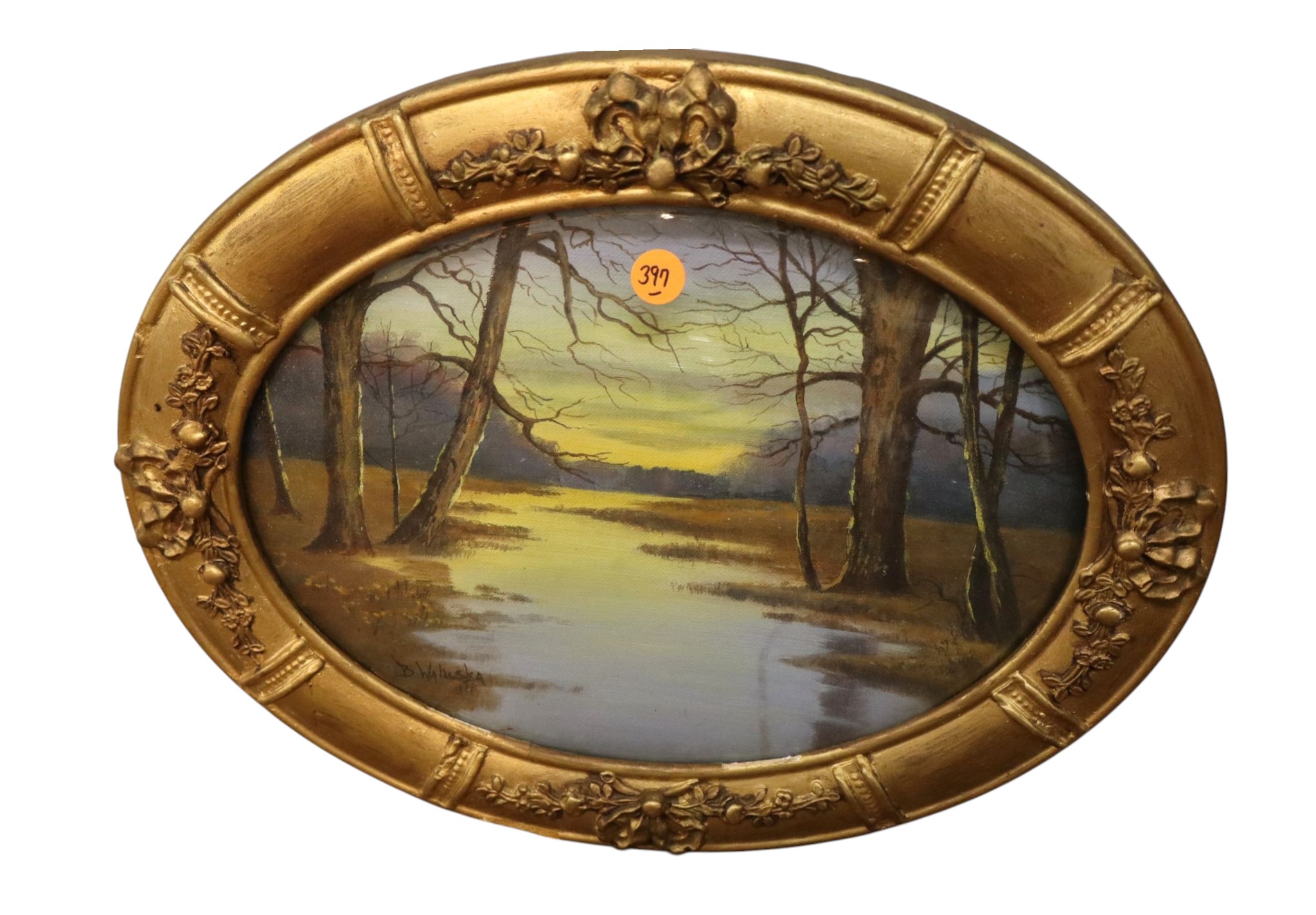 Antique signed Victorian oval print with convex glass