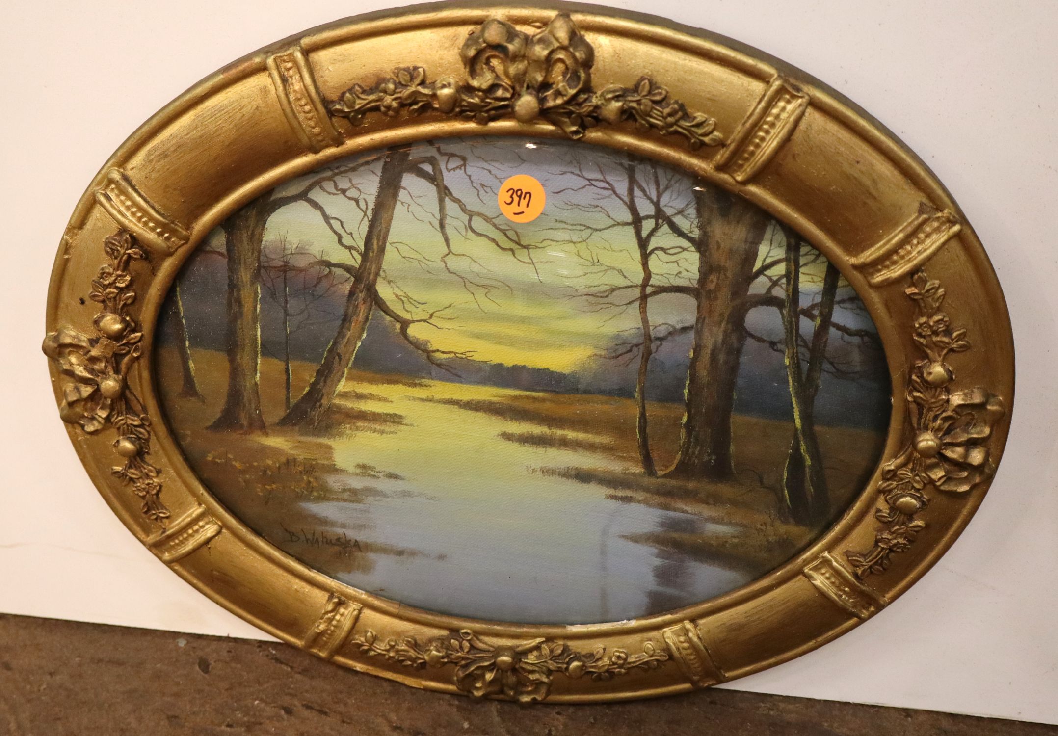 Antique signed Victorian oval print with convex glass