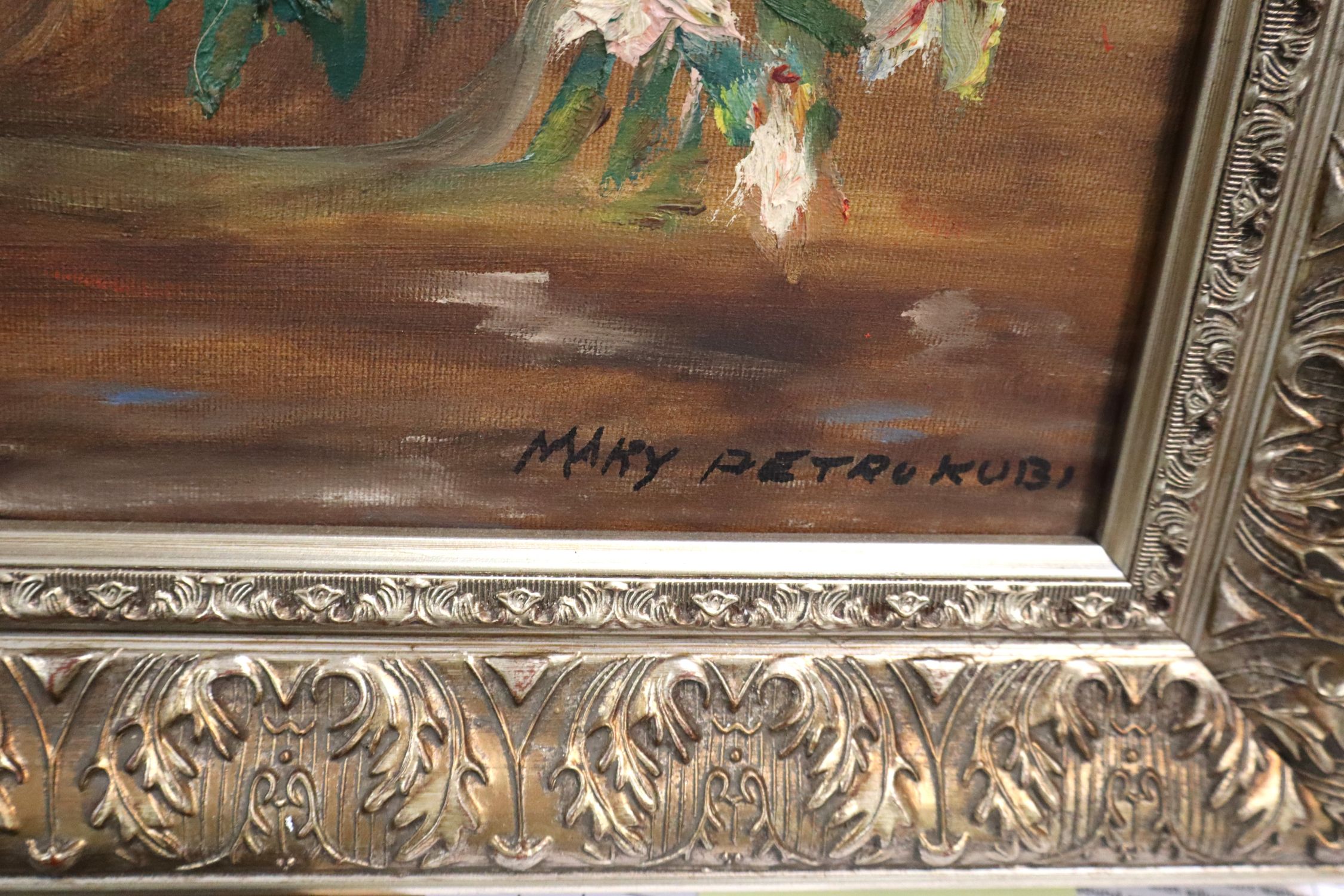 Mary Petrukubi Original Floral Oil Painting Frame