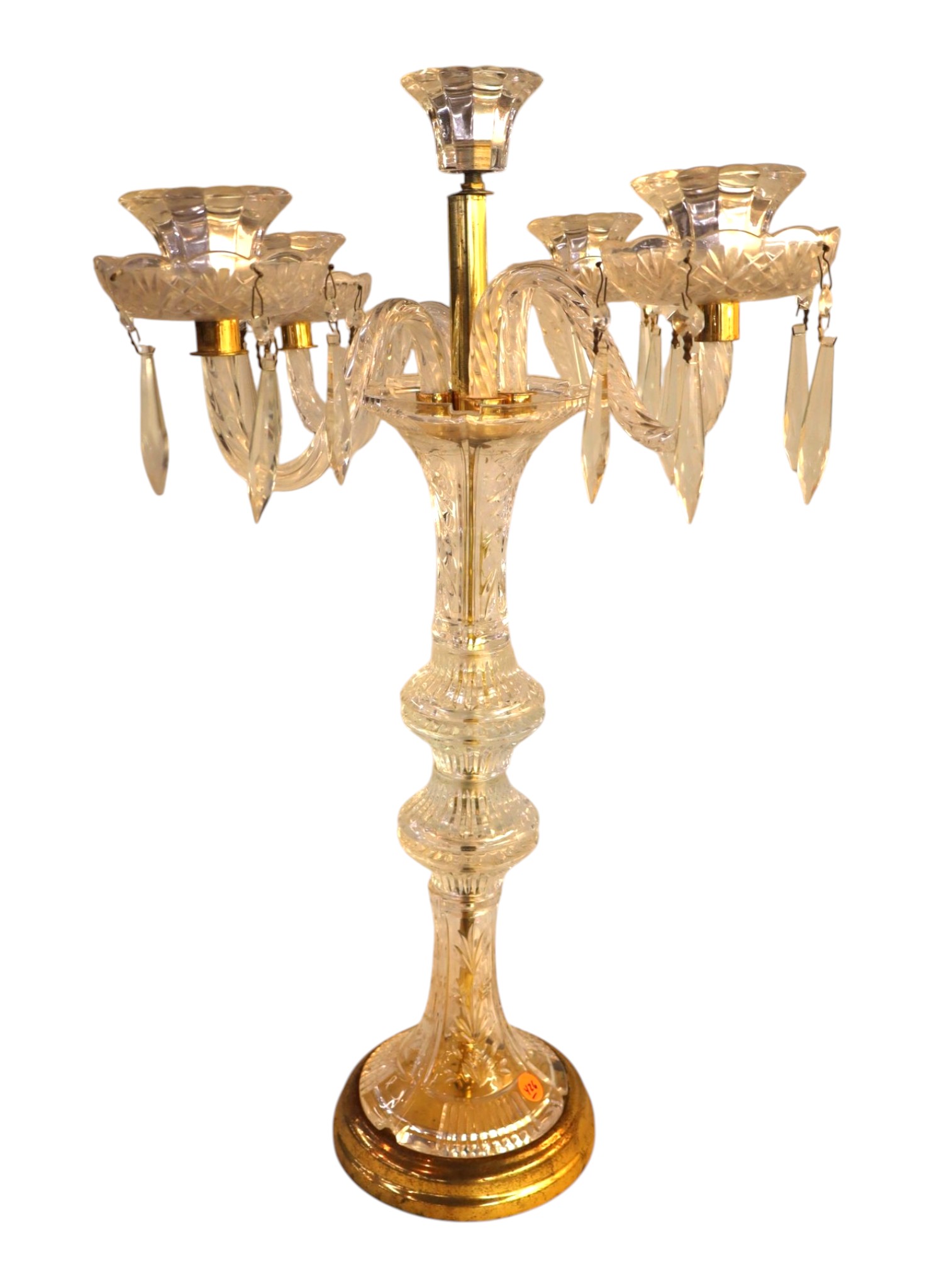 Vintage Lead Crystal 6 Light Candelabra Brass Base