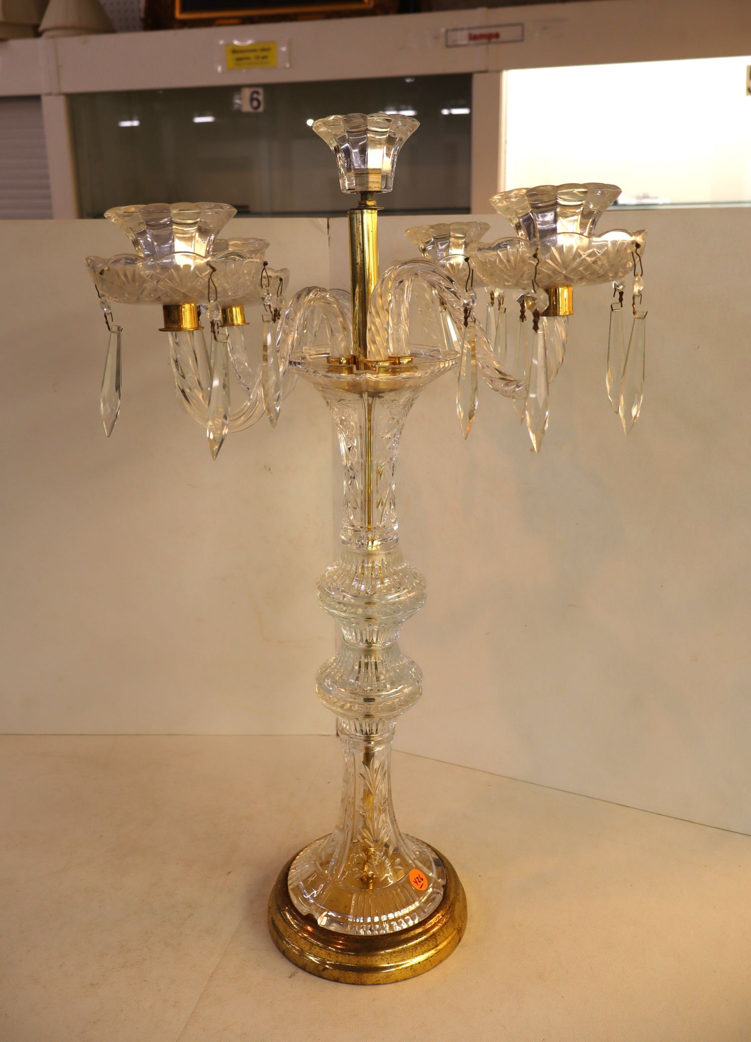 Vintage Lead Crystal 6 Light Candelabra Brass Base