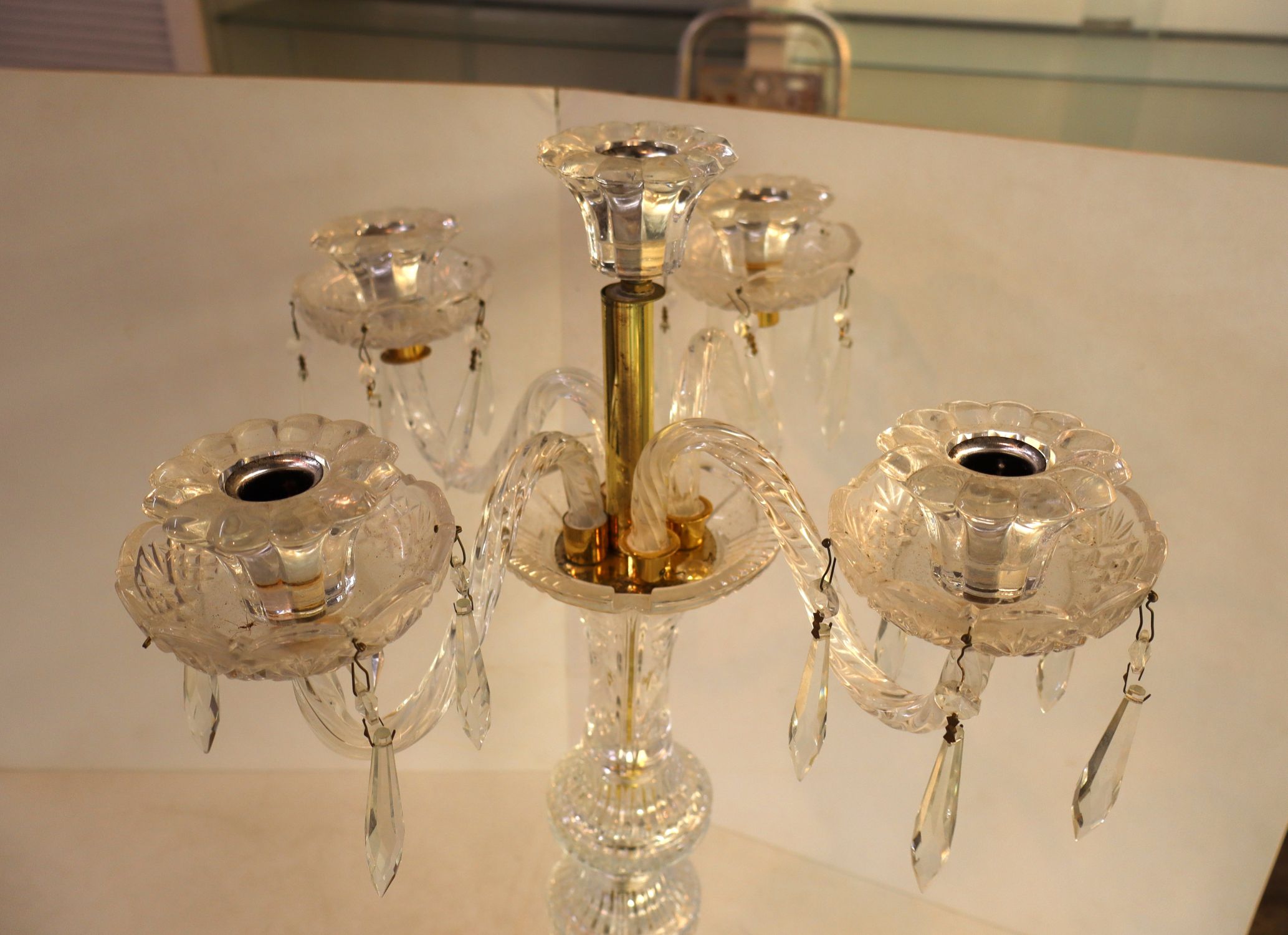 Vintage Lead Crystal 6 Light Candelabra Brass Base