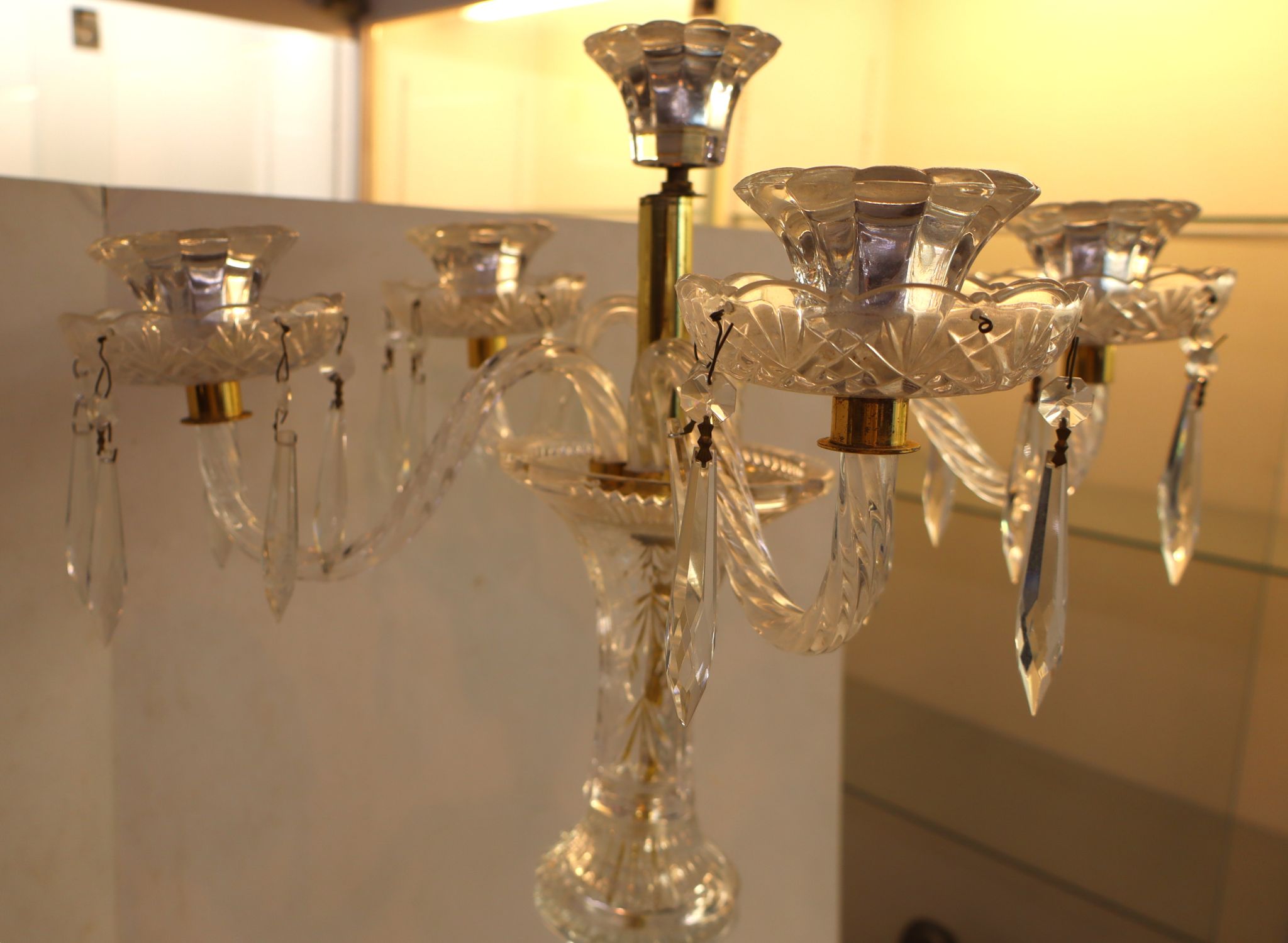 Vintage Lead Crystal 6 Light Candelabra Brass Base