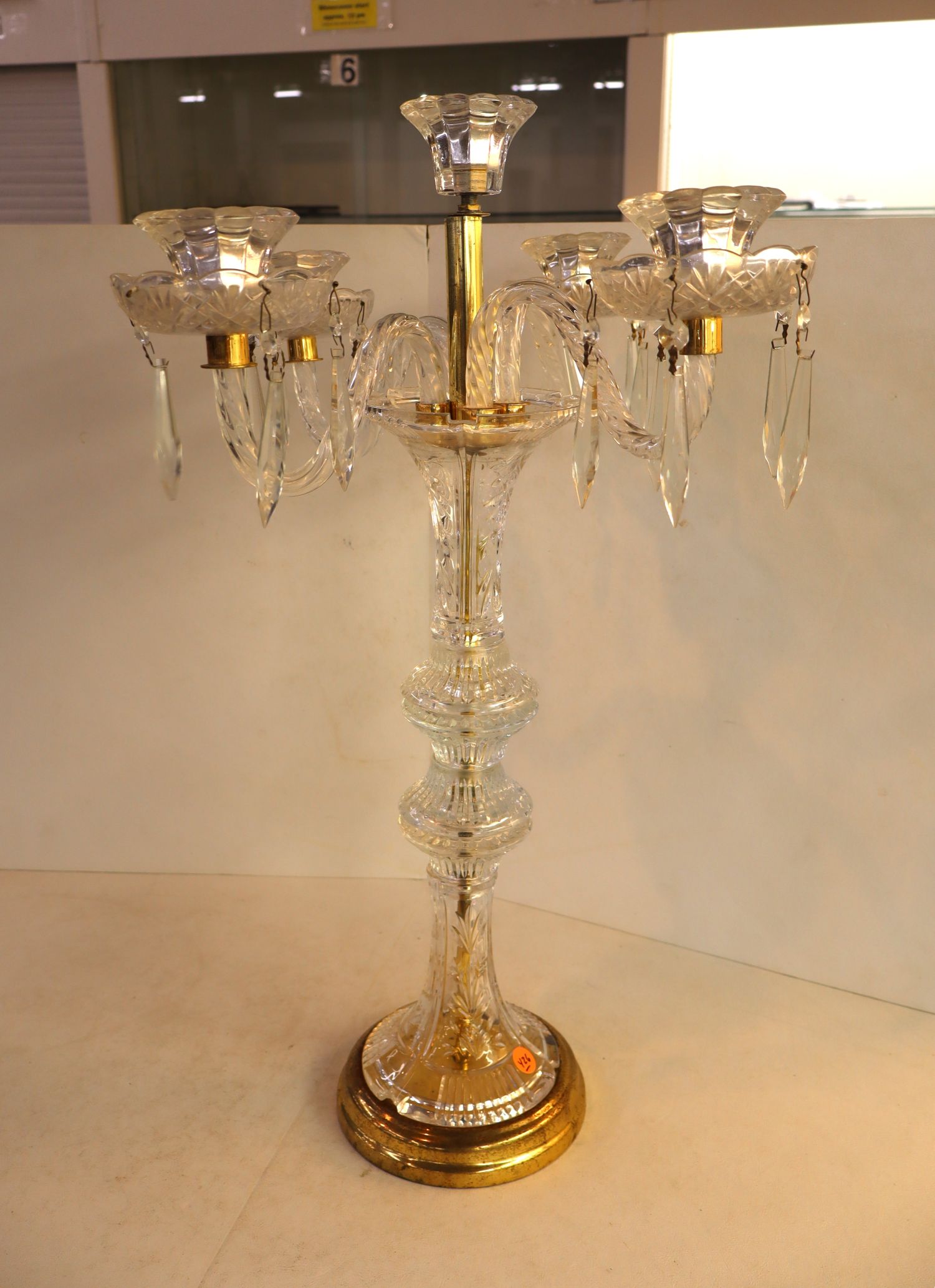 Vintage Lead Crystal 6 Light Candelabra Brass Base