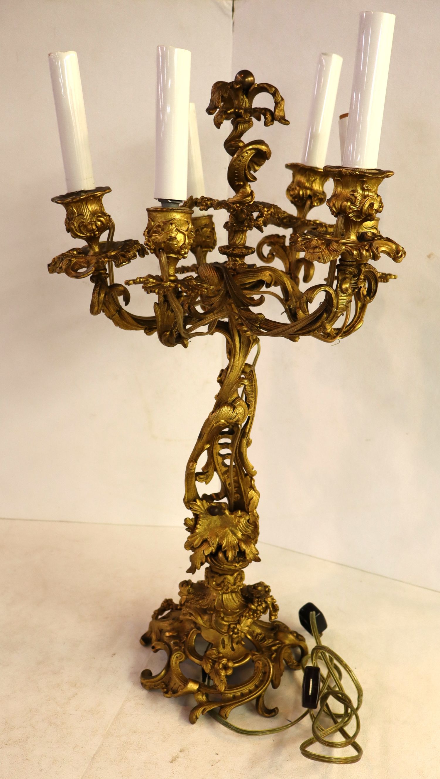 Antique Rococo Gilt Five Light Candelabra Table Lamp