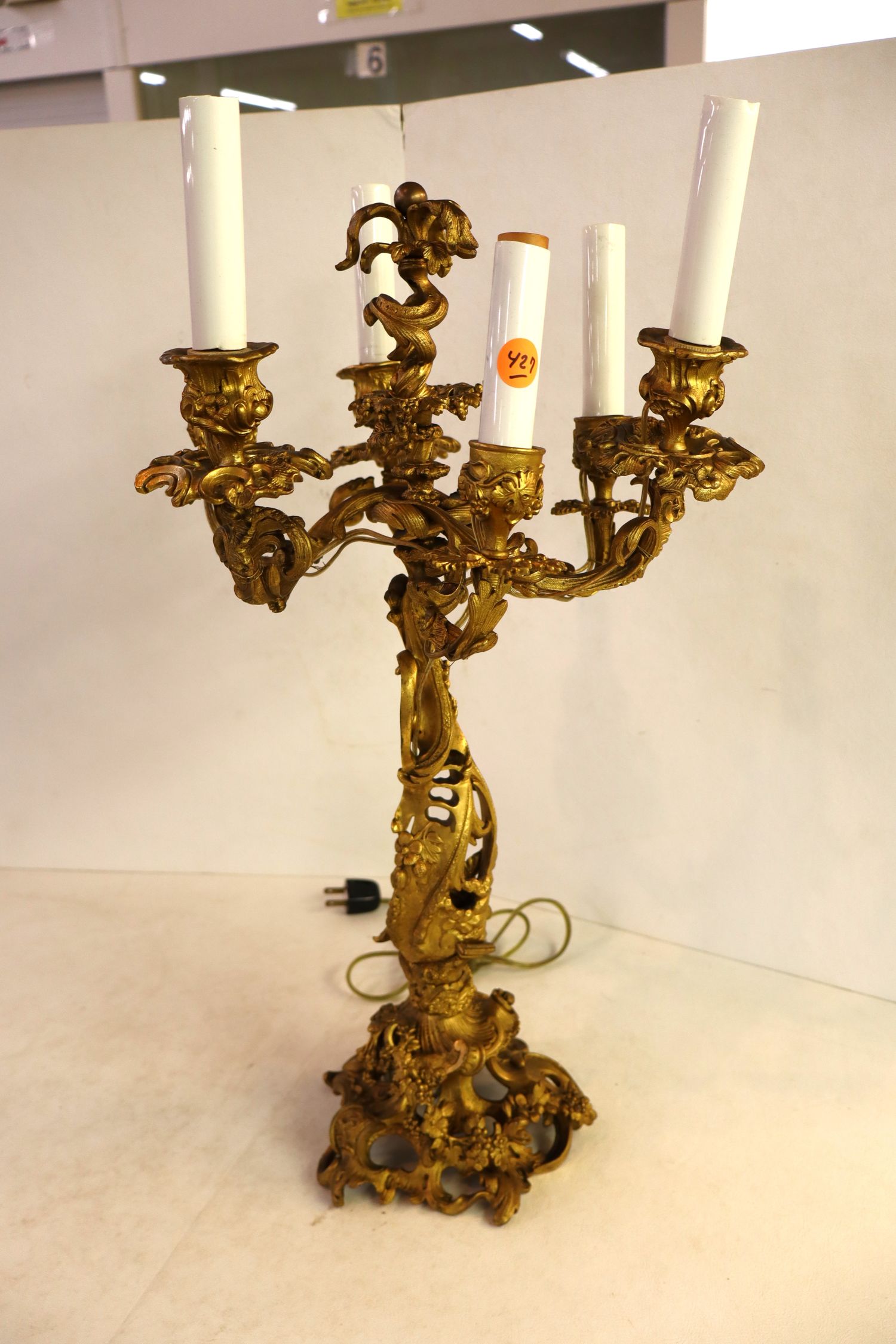 Antique Rococo Gilt Five Light Candelabra Table Lamp