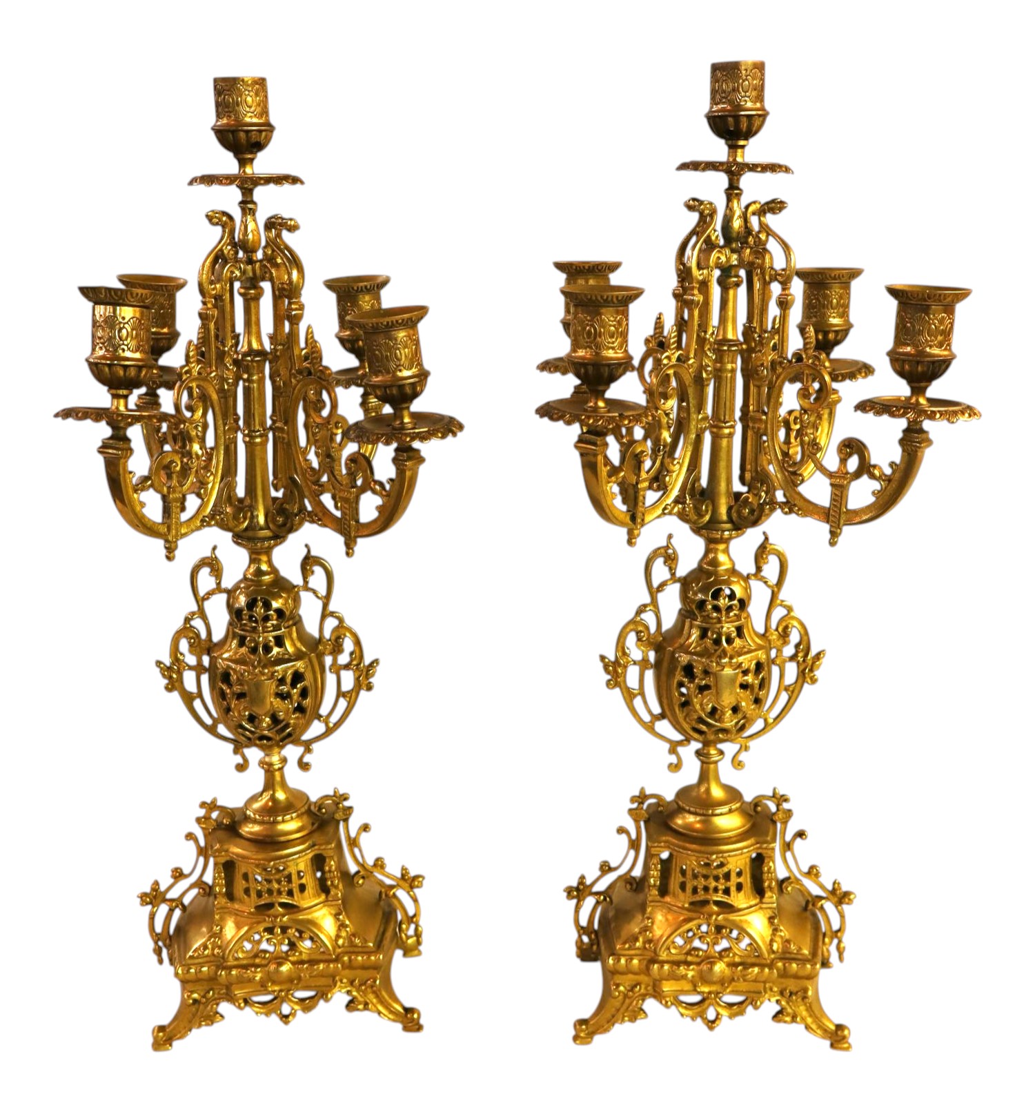 Pair Vintage French Brass 5 Light Candelabras
