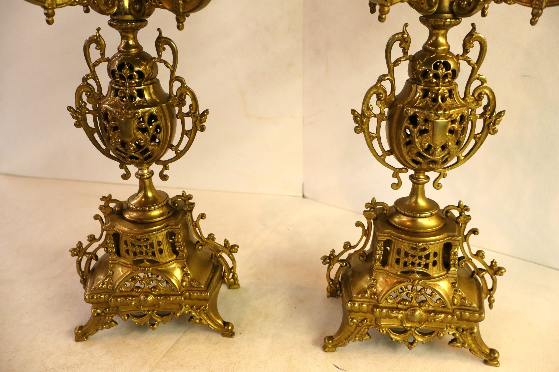 Pair Vintage French Brass 5 Light Candelabras