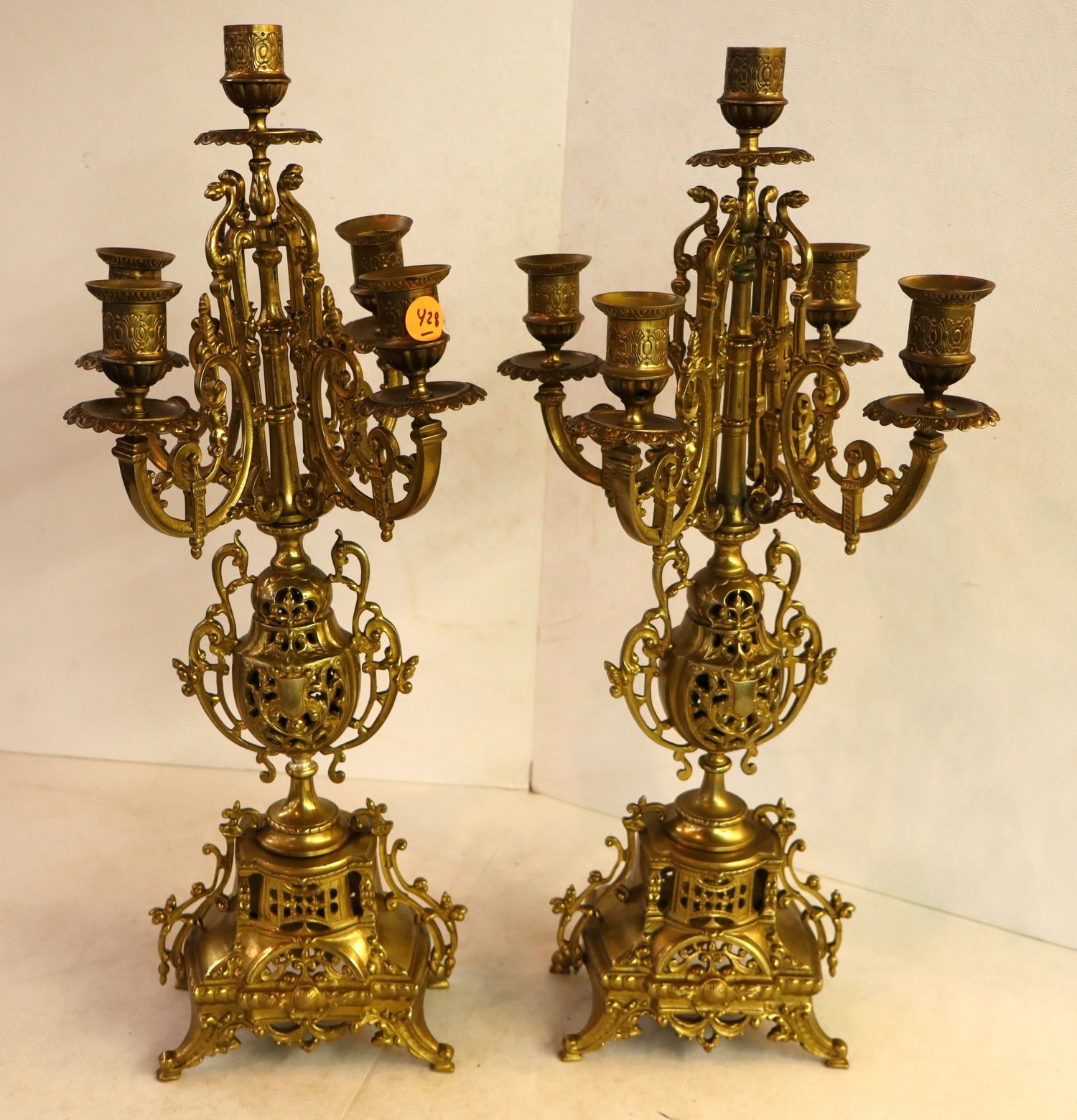 Pair Vintage French Brass 5 Light Candelabras