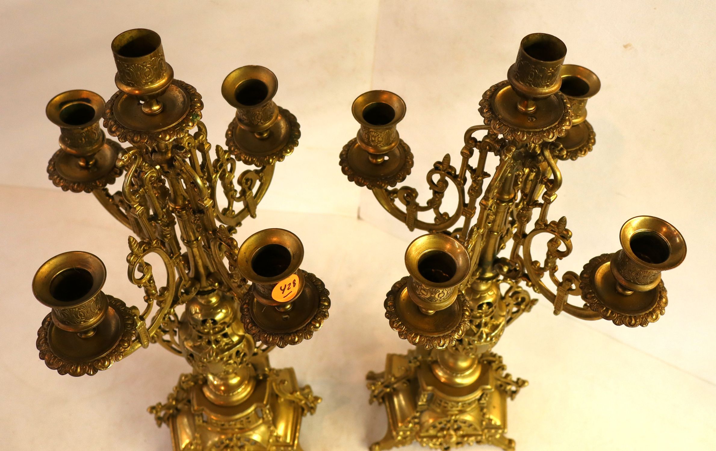 Pair Vintage French Brass 5 Light Candelabras