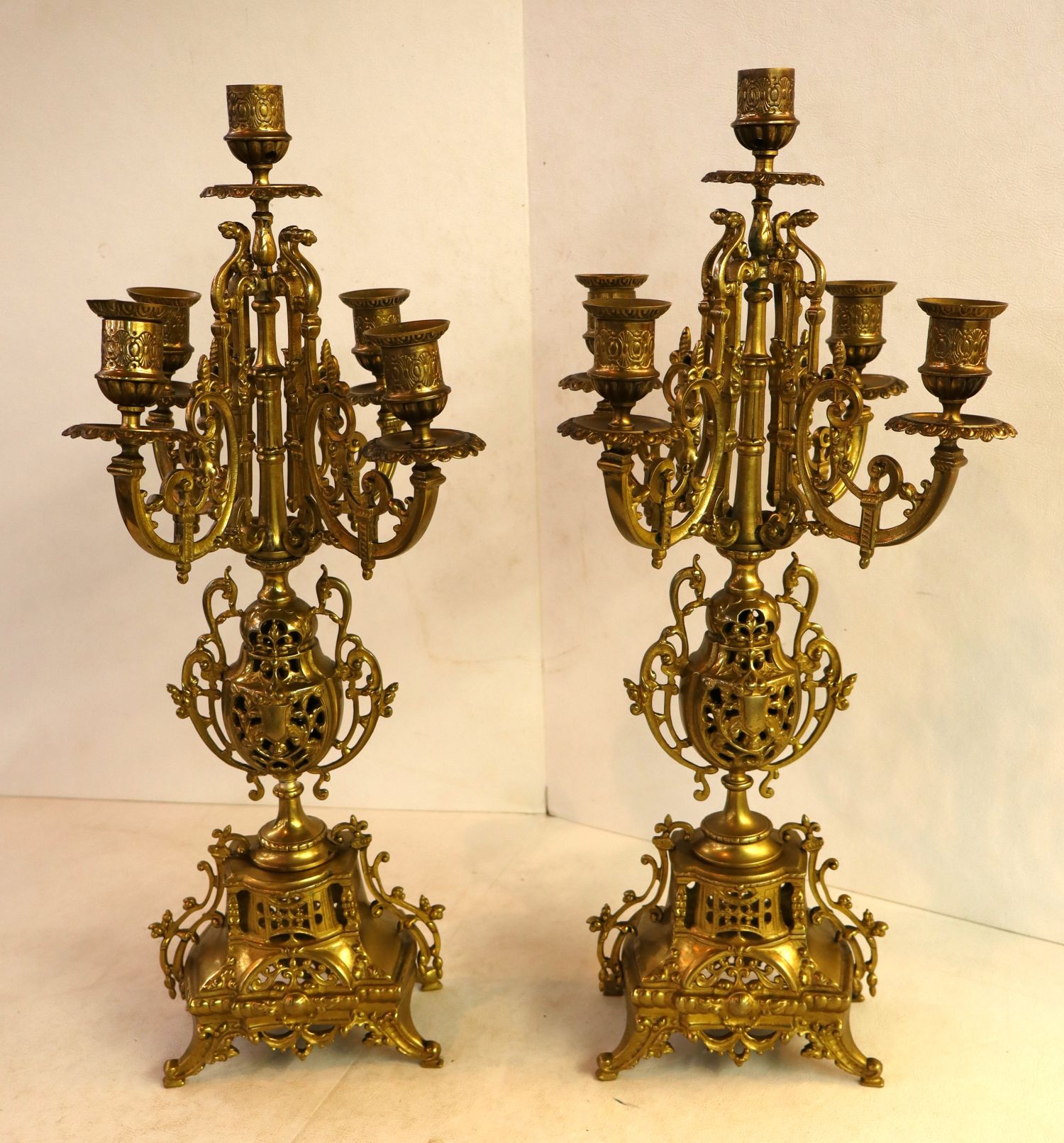 Pair Vintage French Brass 5 Light Candelabras