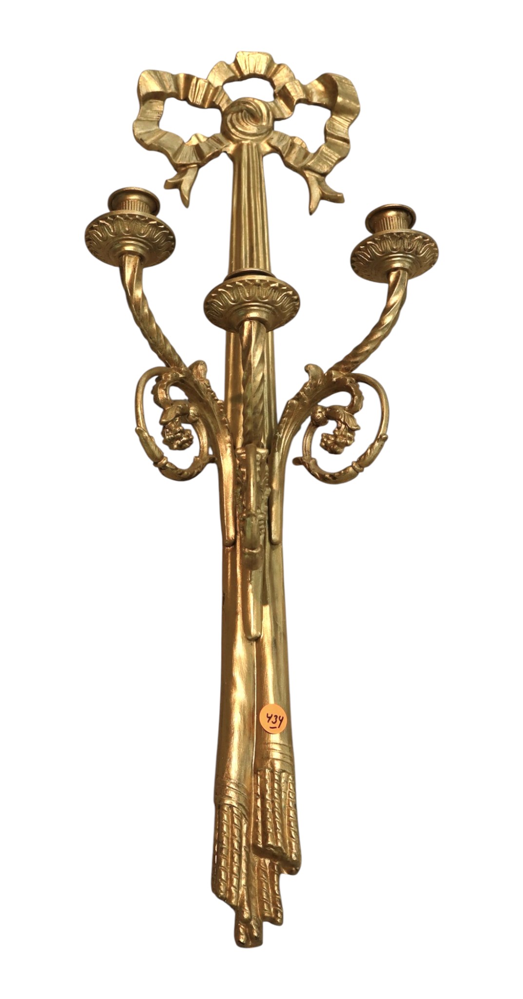 Vintage brass 3 burner wall sconce with ribbon top