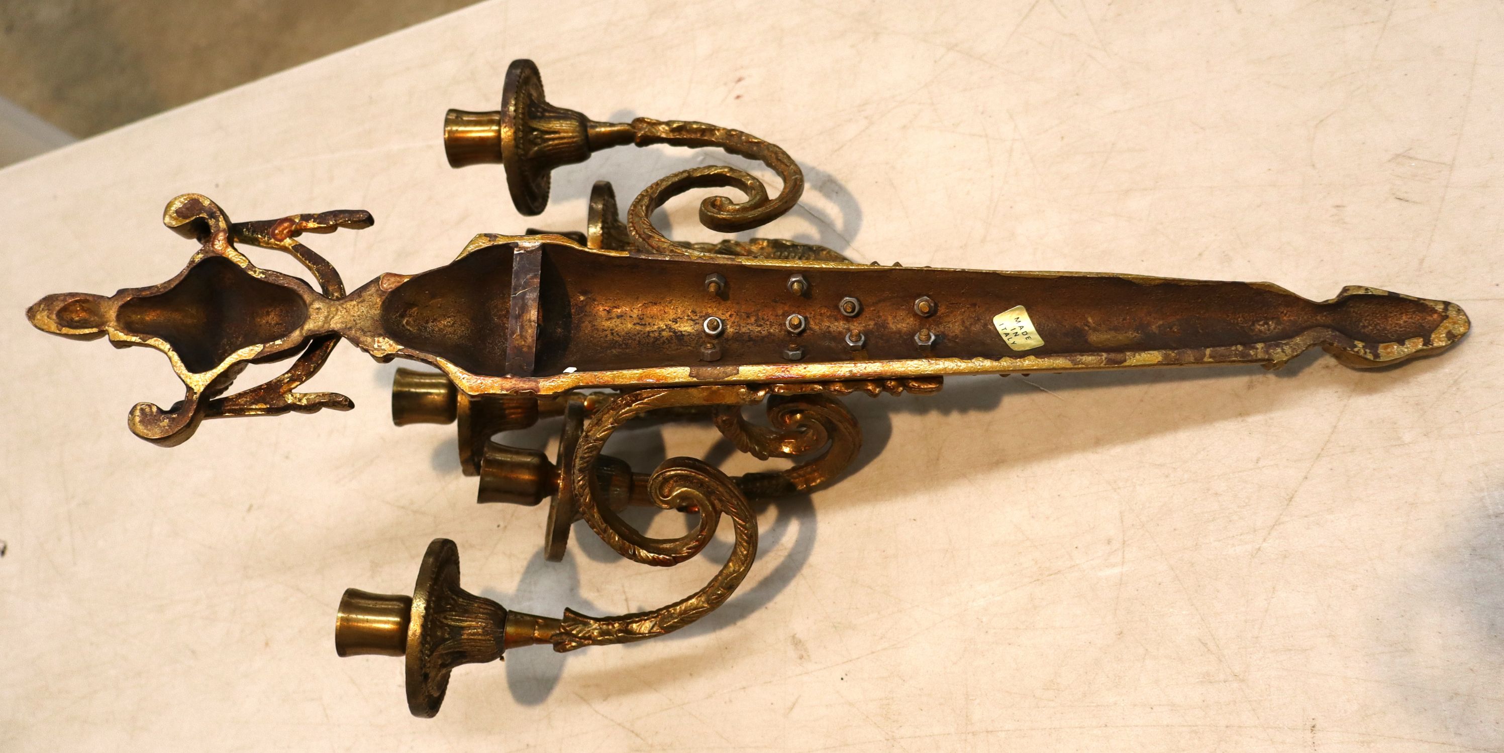 Brass 5 burner wall candelabra made in Italy