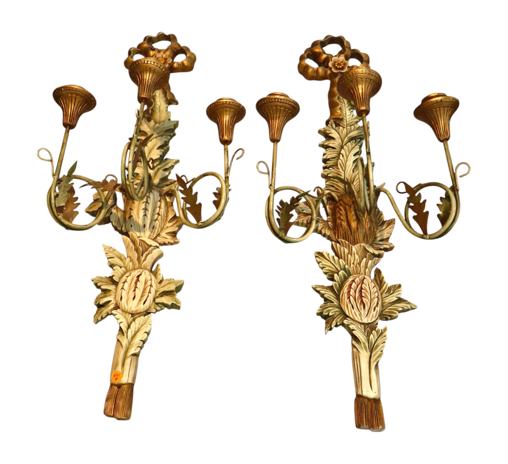 Pair Vtg Italian 3 burner wood wall sconces