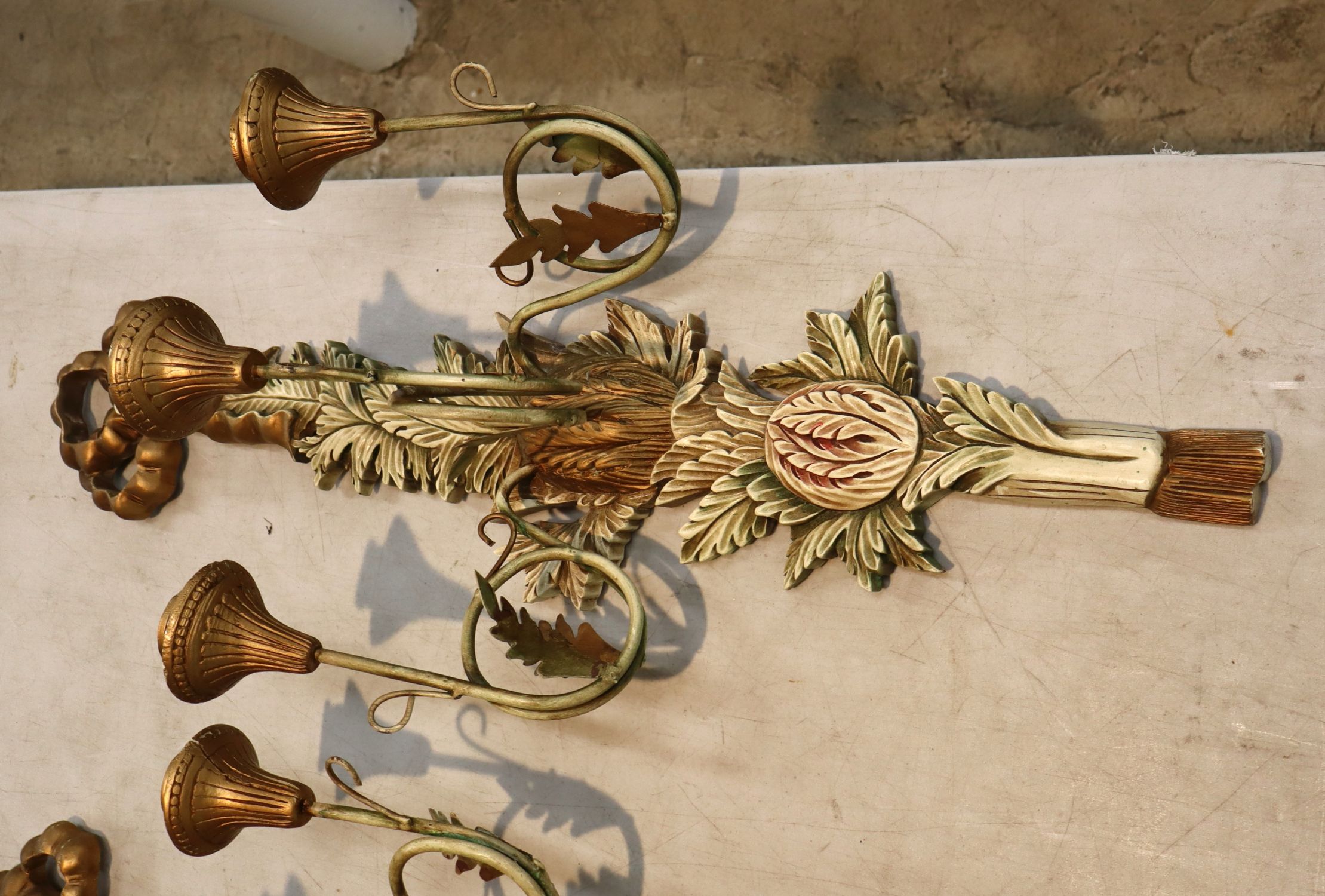 Pair Vtg Italian 3 burner wood wall sconces