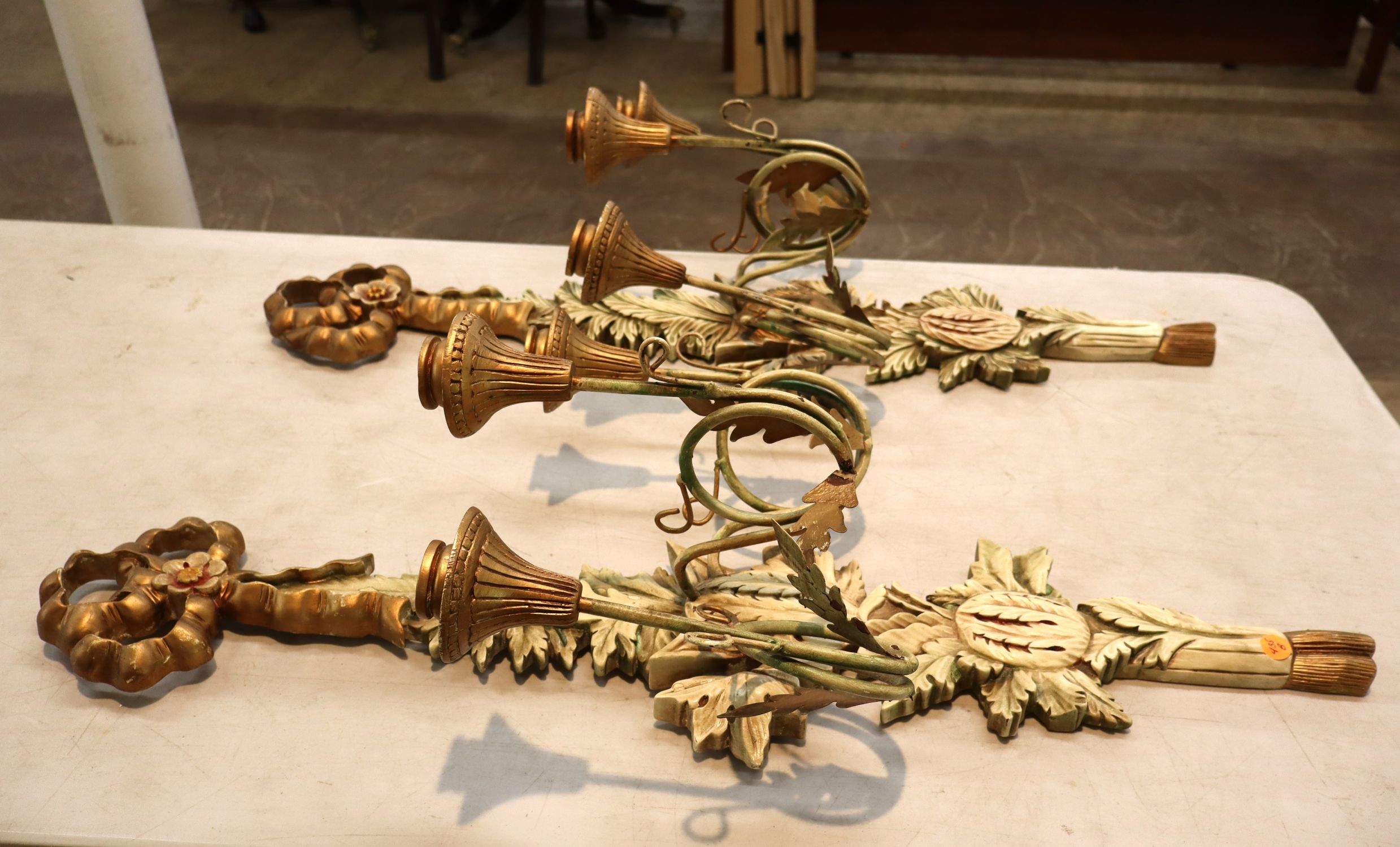 Pair Vtg Italian 3 burner wood wall sconces