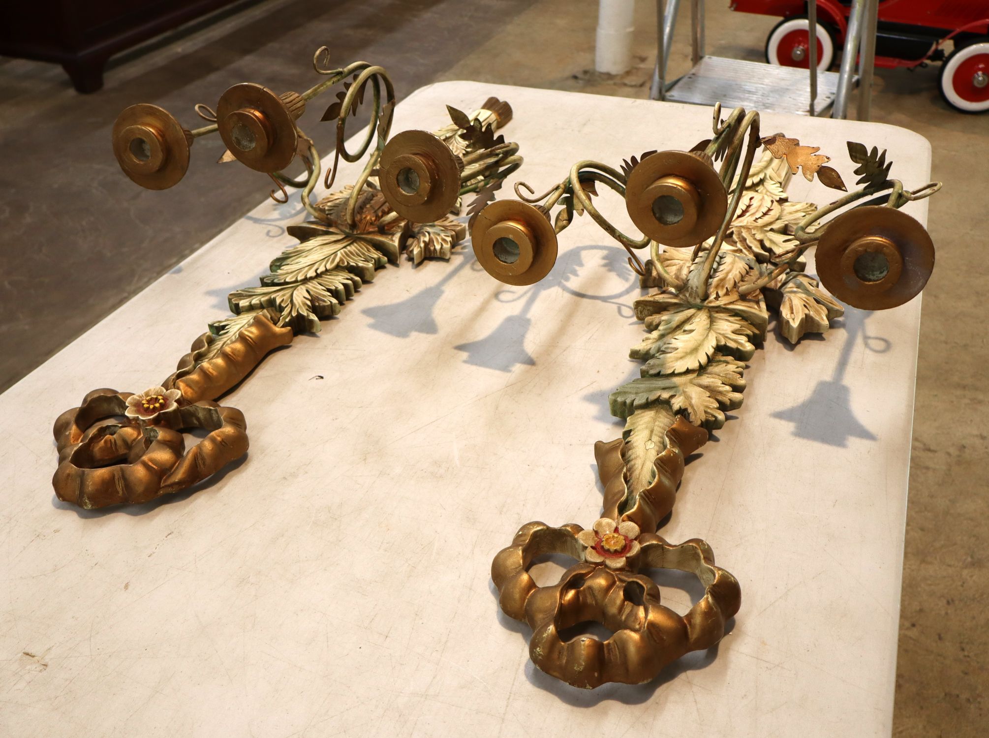 Pair Vtg Italian 3 burner wood wall sconces
