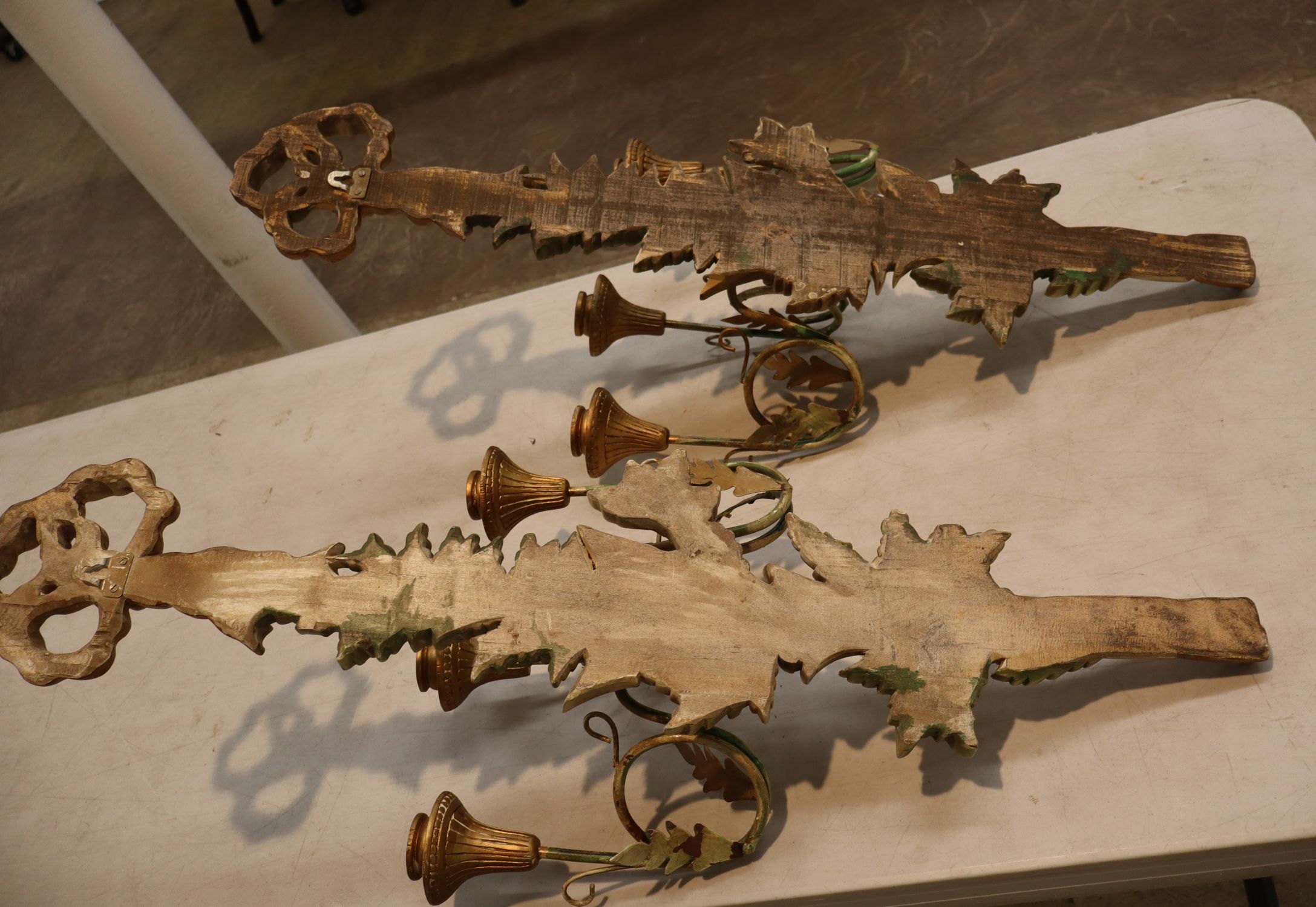 Pair Vtg Italian 3 burner wood wall sconces
