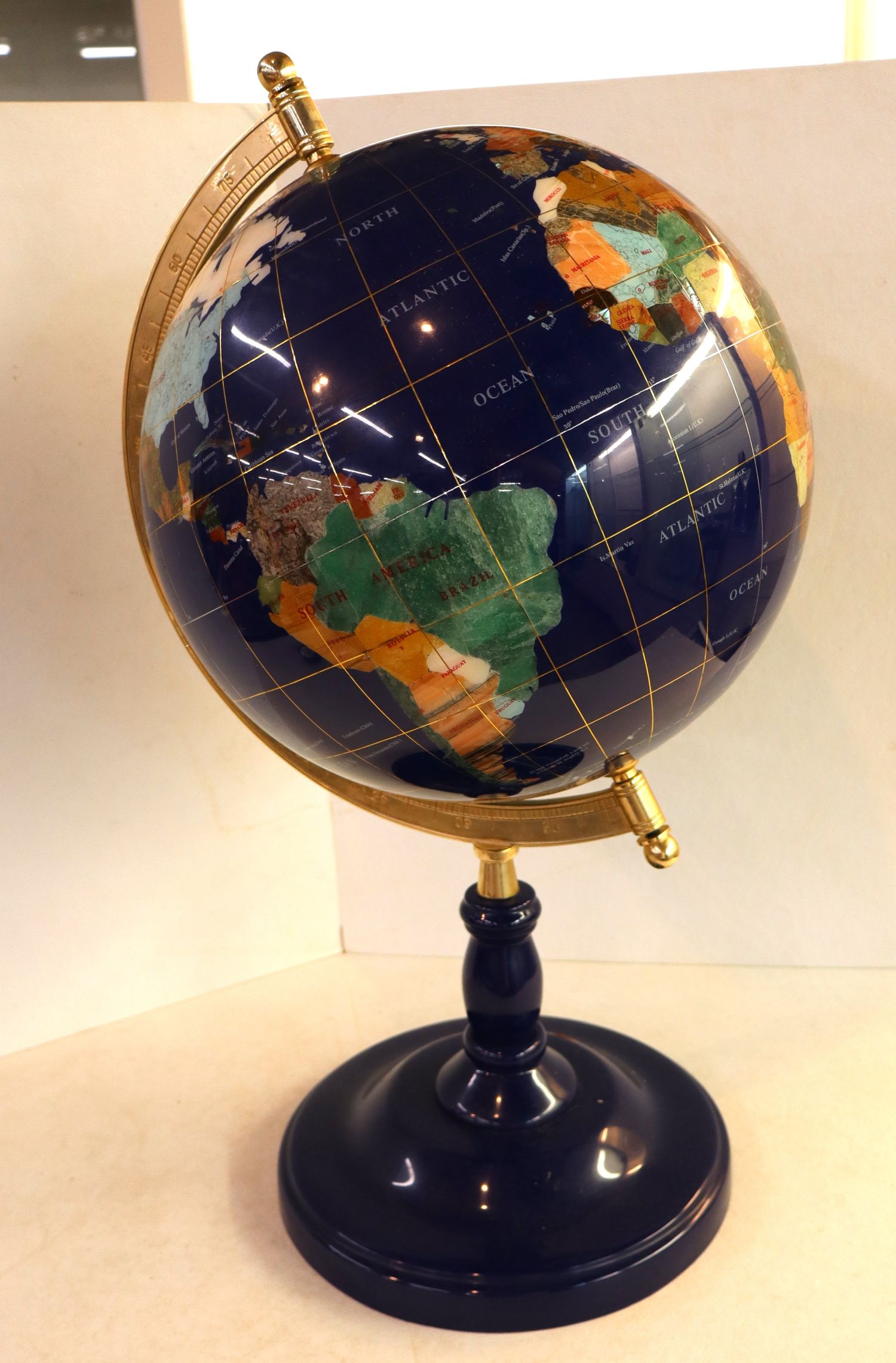 Multi Stone style World Globe with brass stand