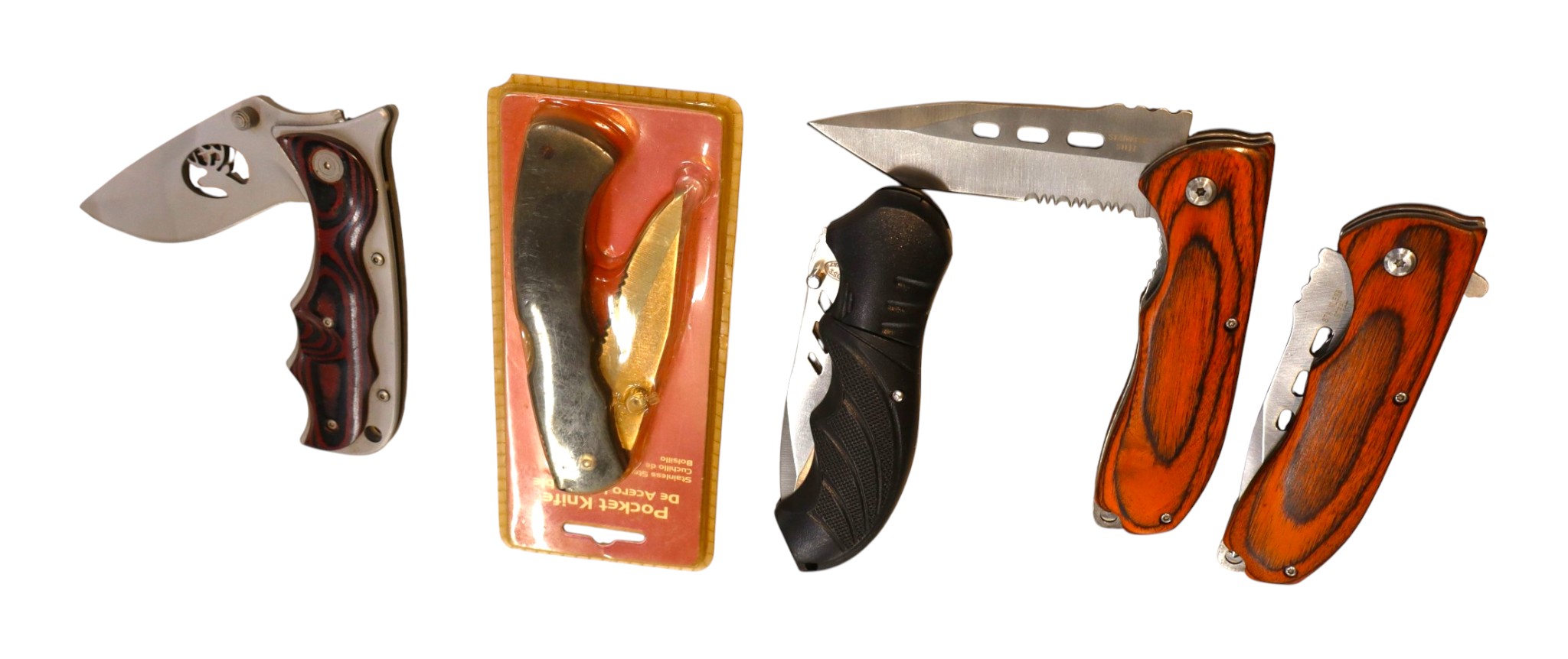 5 folding pockets knives with beltloops and 1 with original package