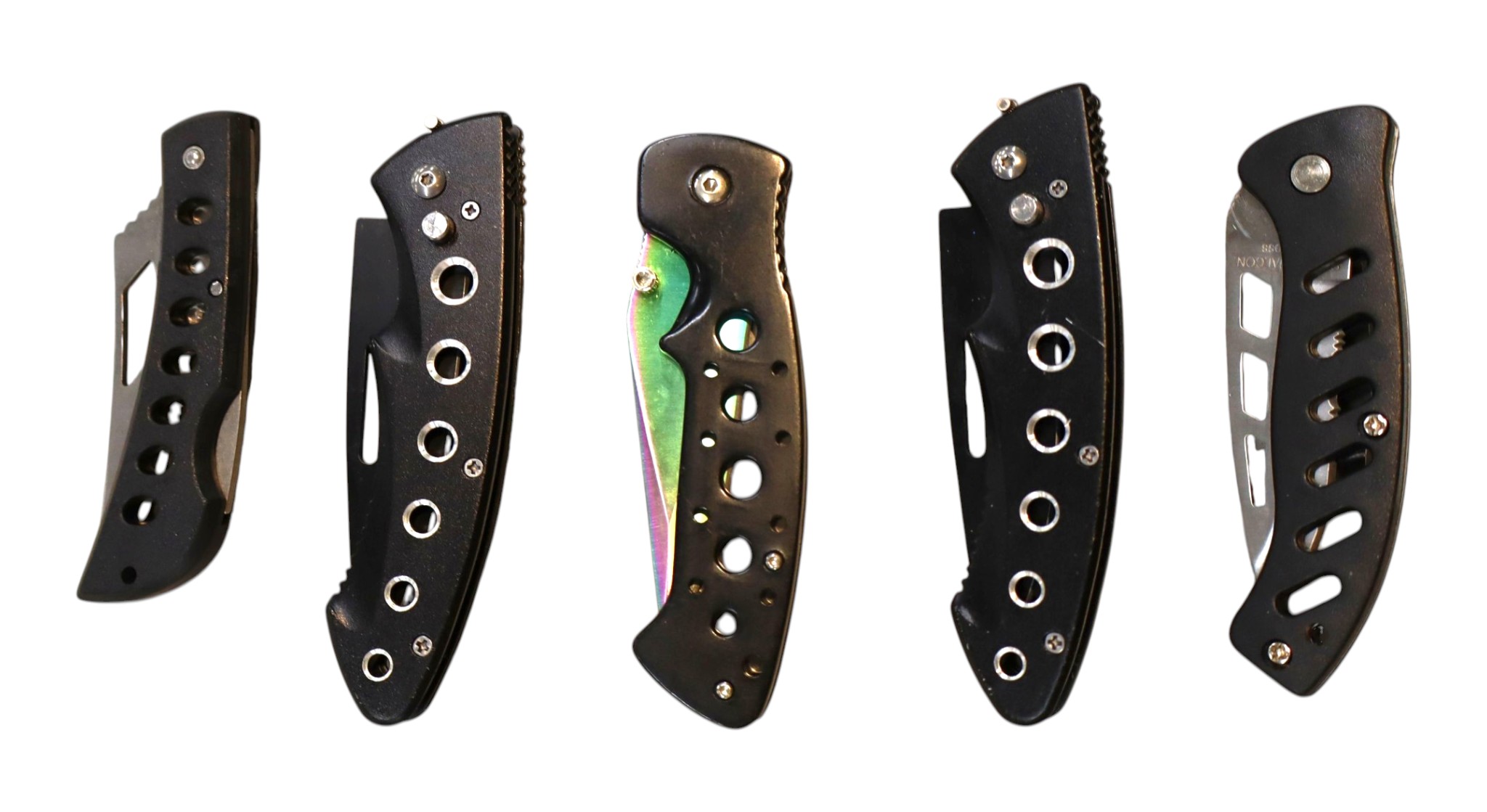 5 folding pocket knives with beltloops