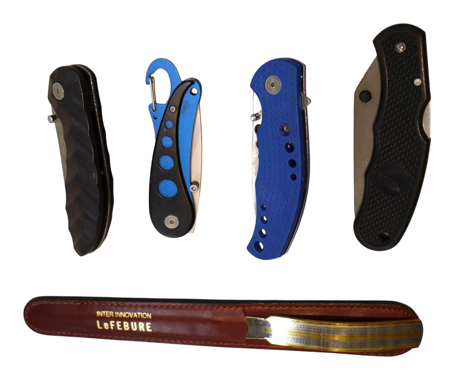 4 folding pocket knives and a LeFebure letter opener