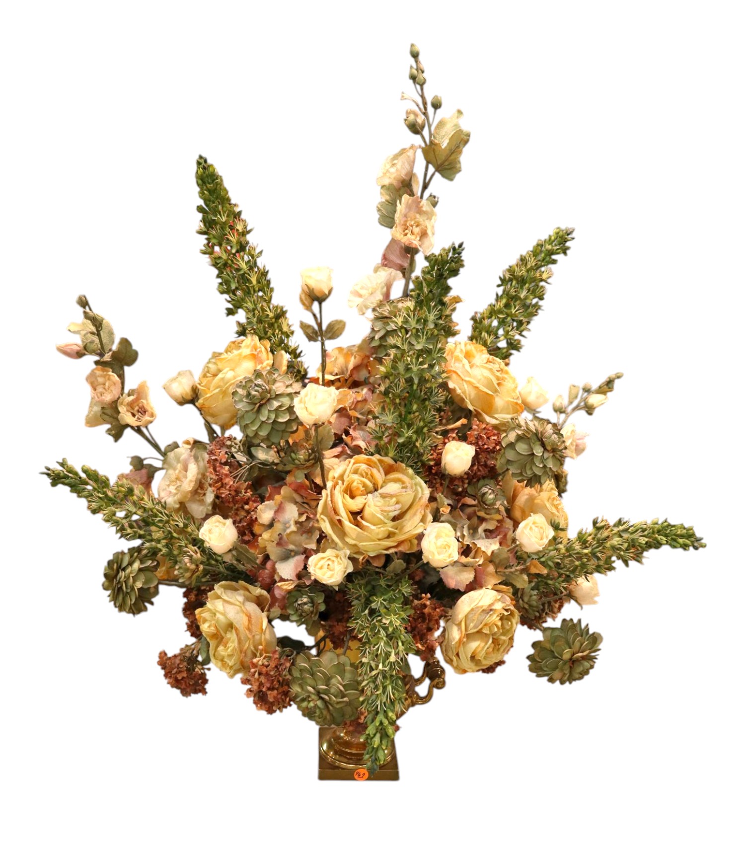 Quality faux floral arrangement in brass double handle vase