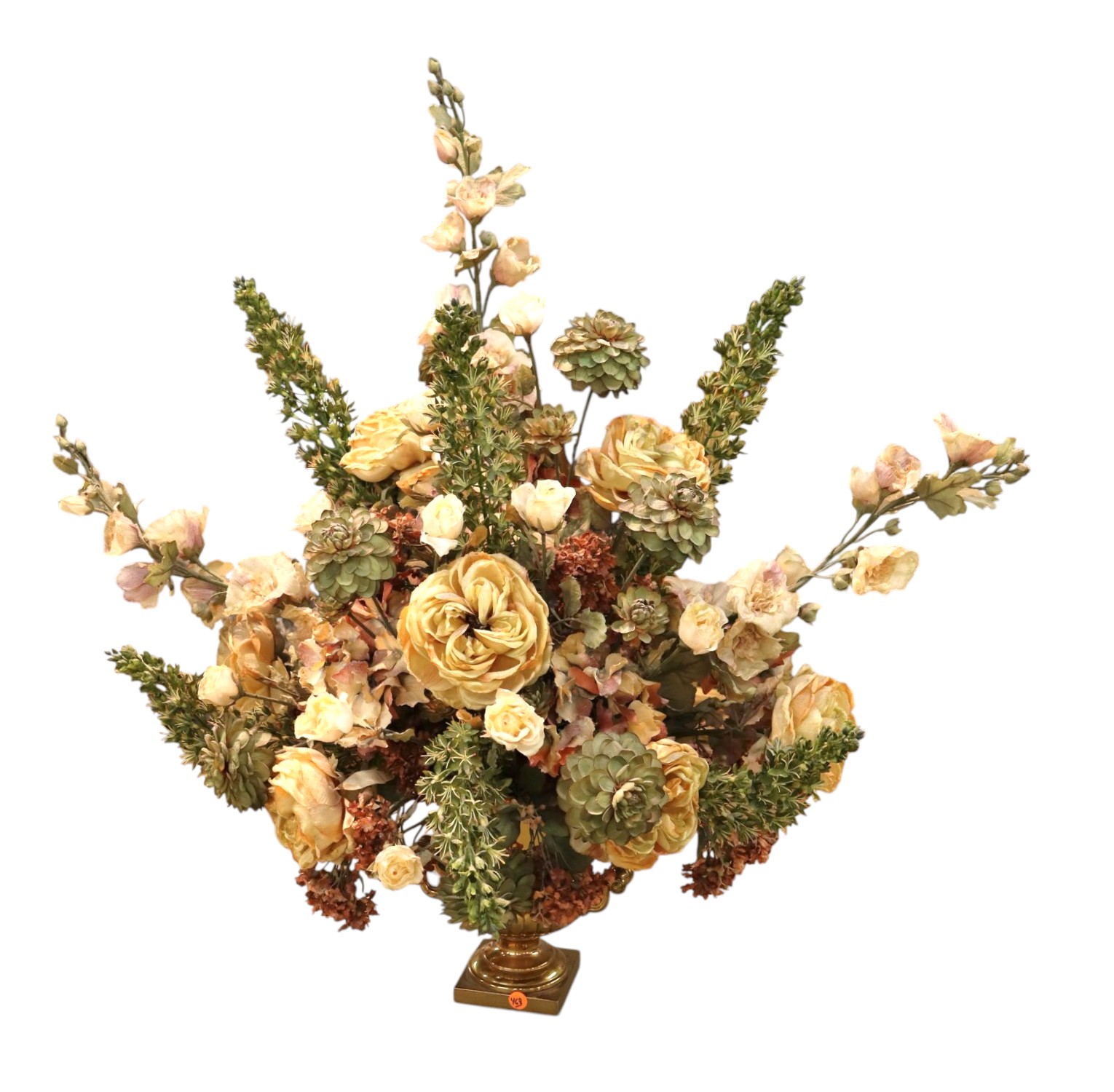 Quality faux floral arrangement in brass double handle vase