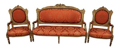 3pc antique FR salon set in sculpture upholstery. 3 piece antique French salon set in sculpture 