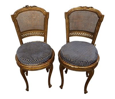 PR antique FR caned music chairs original finish. Pair of antique French caned music chairs 