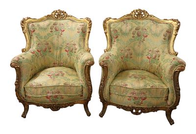 Pair of antique French baroque club chairs in wood frame with gold gilt, original finish 