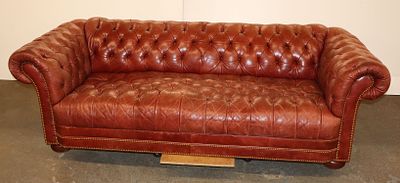 Chesterfield style button tuft leather even arm sofa, quality leather, structurally sound, some 