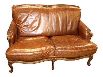Nice VTG FR style quality 2 cushion leather love seat. Nice vintage French style quality 2 