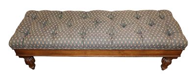 Upholstered mahogany button tuft end of the bed bench, structurally sound and in good condition 