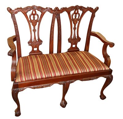 Solid mahogany Chippendale style double arm bench with stripped upholstery, structurally sound 