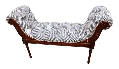 FR style scroll arm window bench by Emerson Furniture. French style button tuft carved mahogany 