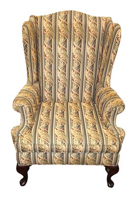 Traditional upholstered queen anne wing chair, quality made, mahogany frame, upholstery looks 