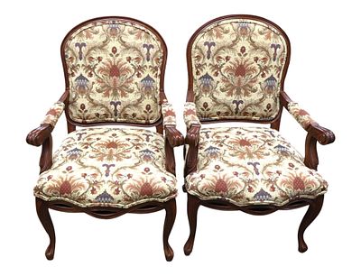 PR FR style mahogany upholstered arm chairs. Pair of French style mahogany frame and 