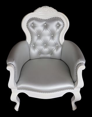 White lacquer button tuft decor chair in silver fabric. White lacquer button tuft decorator 
