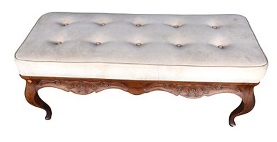 FR style button tuft carved frame window bench. French style button tuft carved walnut finish 