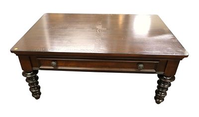 Contemporary turn leg 1 drawer cocktail table, original finish, structurally sound. 20"h x 