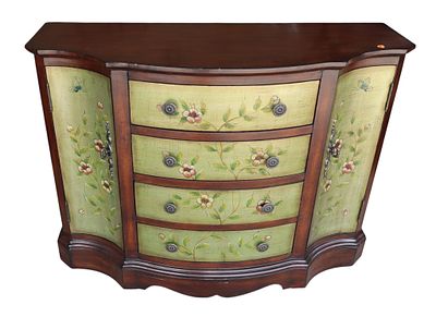 Paint decorated serpentine decorator credenza. Paint decorated 4 drawer 2 door serpentine 