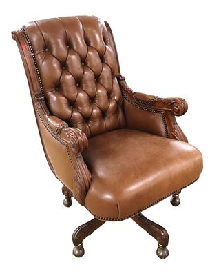 Executive button tuft leather office chair in carved mahogany frame, structurally sound and in 