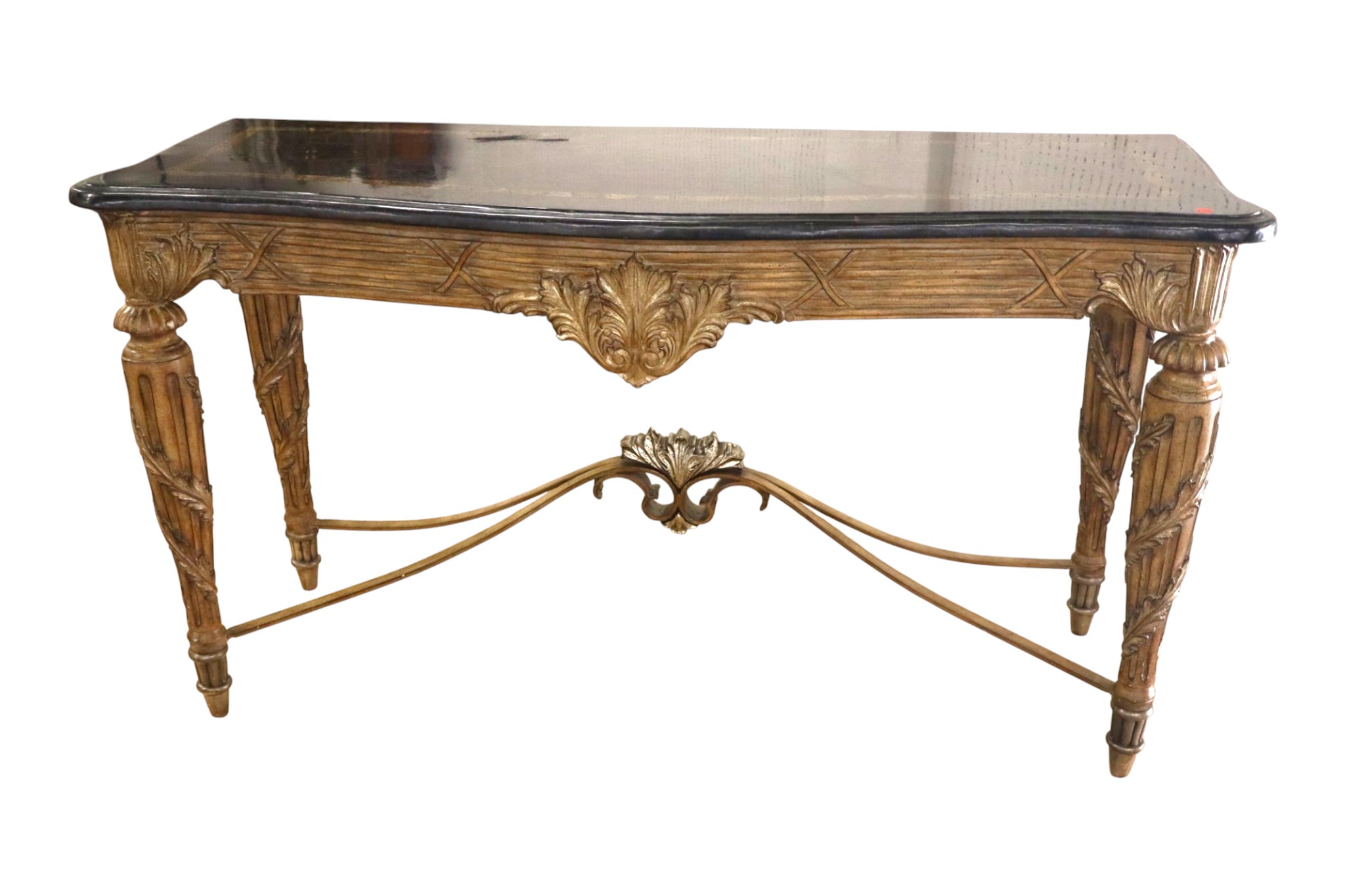 Marble top stretcher base console manner Maitland Smith