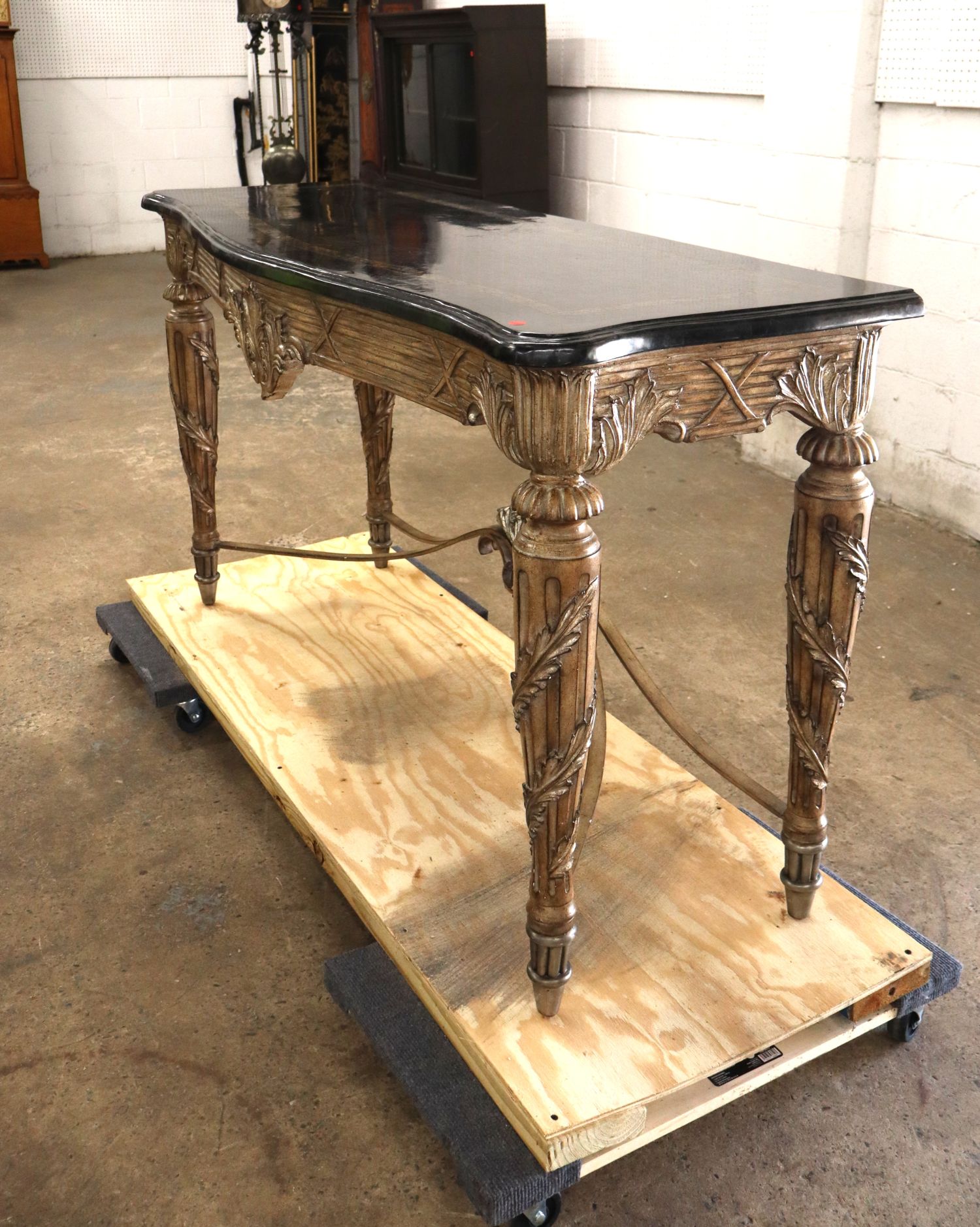 Marble top stretcher base console manner Maitland Smith