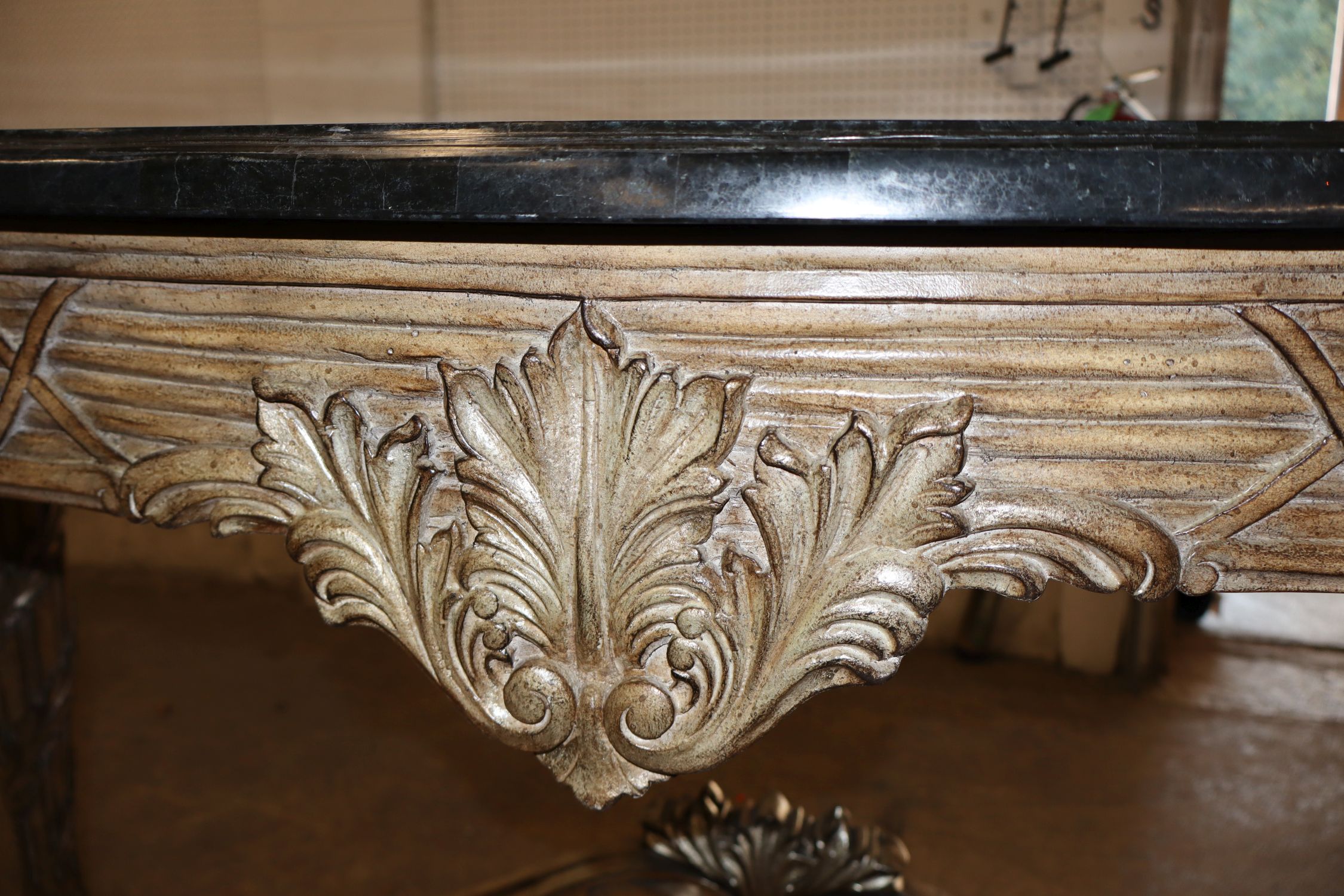 Marble top stretcher base console manner Maitland Smith