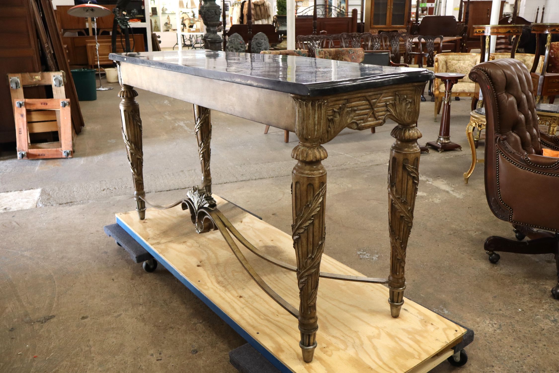 Marble top stretcher base console manner Maitland Smith