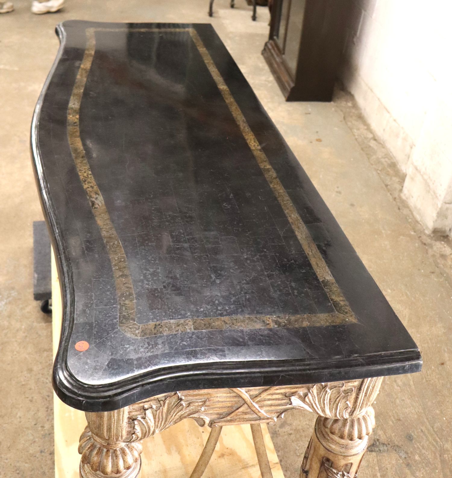 Marble top stretcher base console manner Maitland Smith