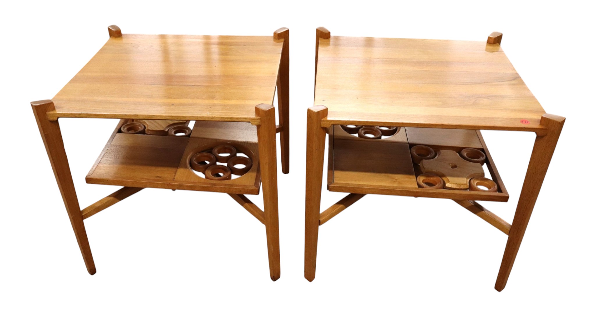 Pair MCM walnut 2-tier square lamp tables