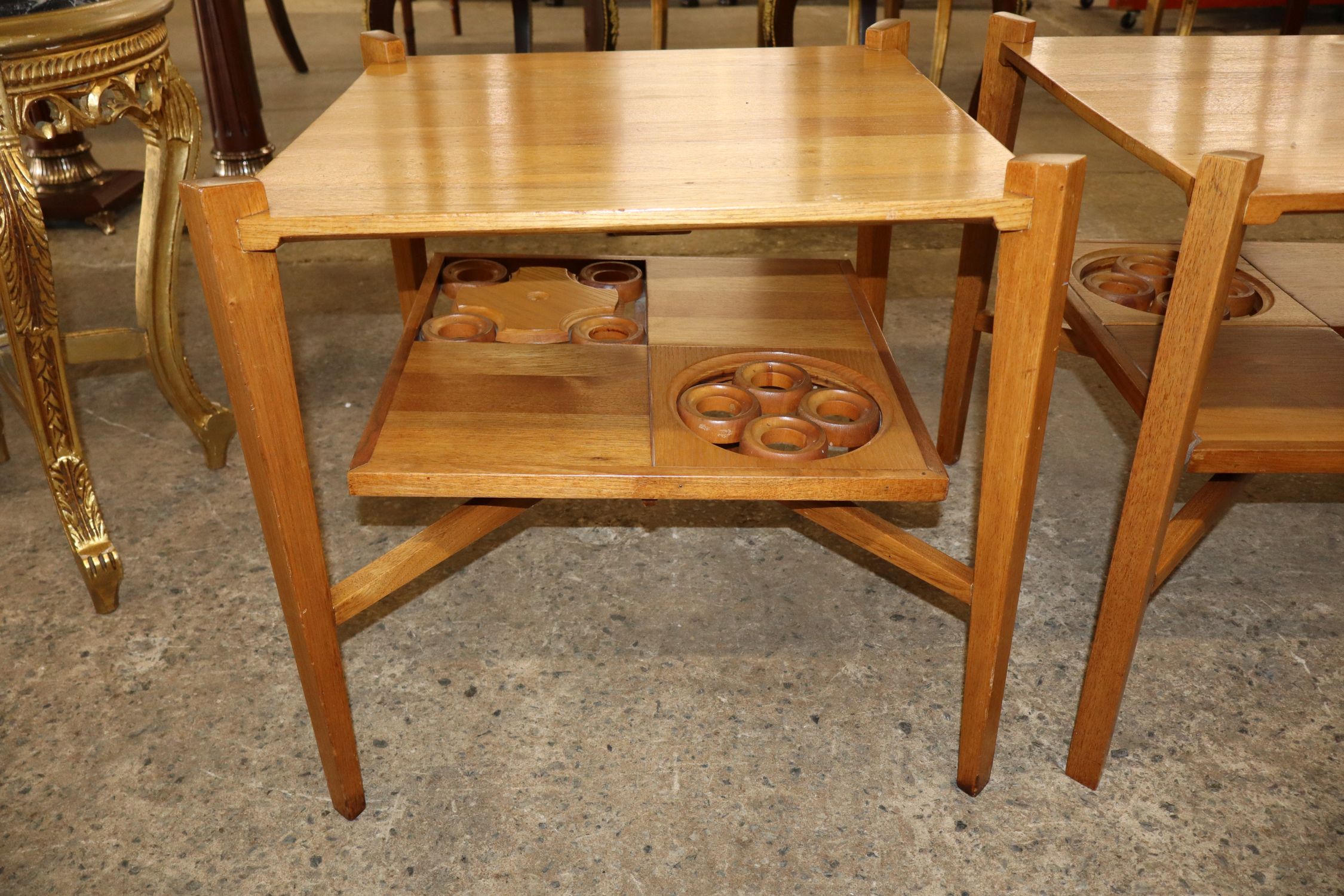 Pair MCM walnut 2-tier square lamp tables